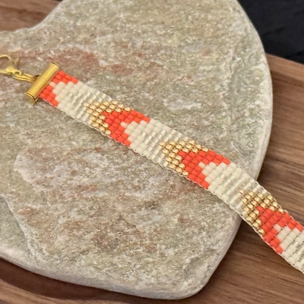 Orange and gold slim bead woven bracelet 