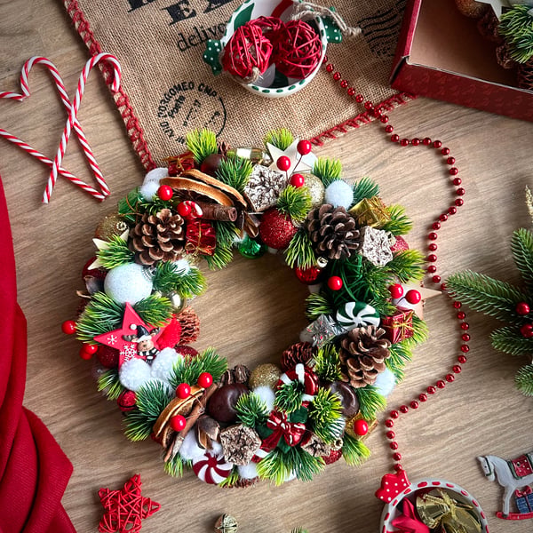 Traditional woodland Christmas wreath farmhouse country style mantel piece