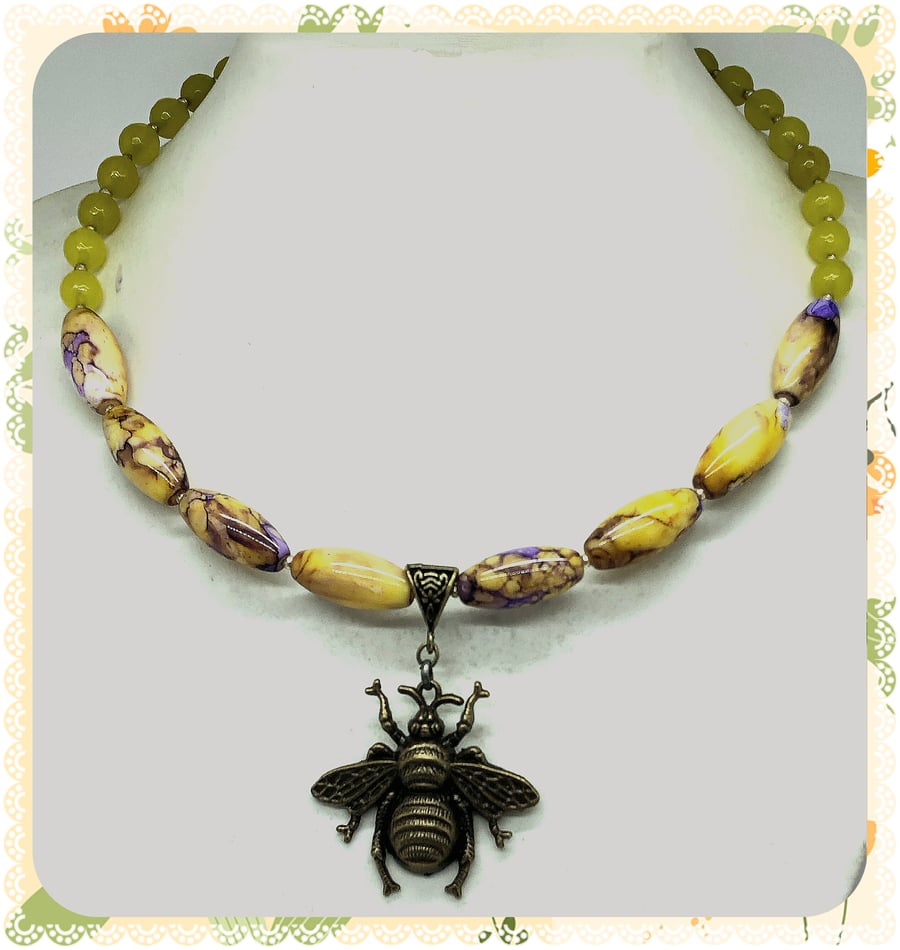 One of a Kind Bronze Honey Bee collar length necklace