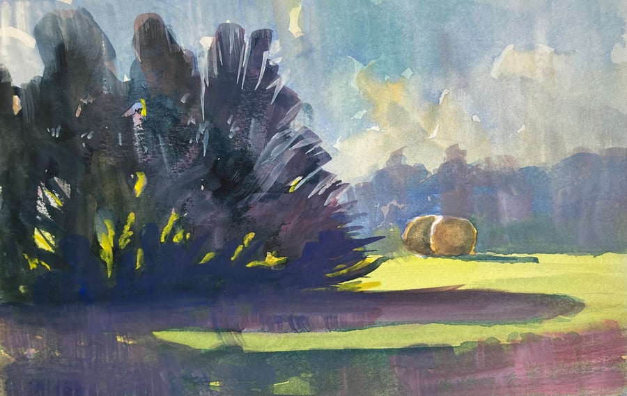 Bluebell fields en plein air - Original gouache painting (Size 11”x7.3”) 