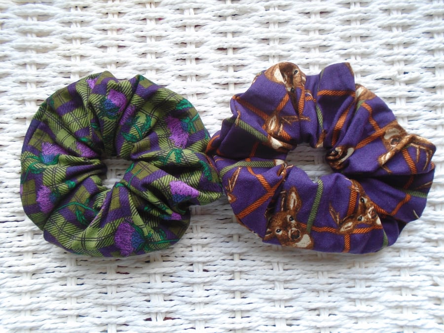 Set of 2 Scottish Themed Hair Scrunchies Stags & Thistles