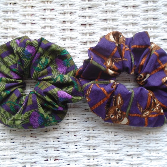 Set of 2 Scottish Themed Hair Scrunchies Stags & Thistles