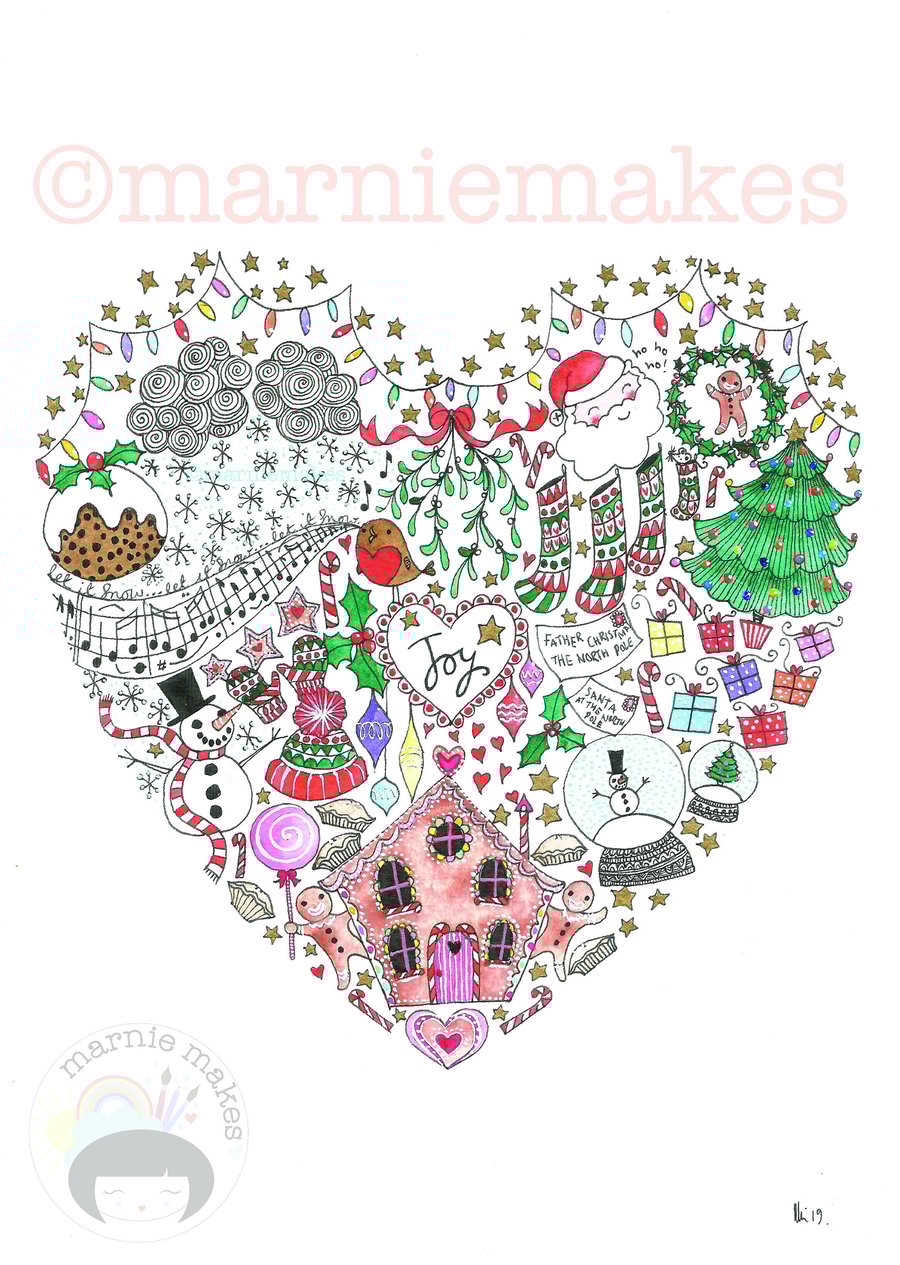Christmas Joy - Doodle Heart A4 Giclee print
