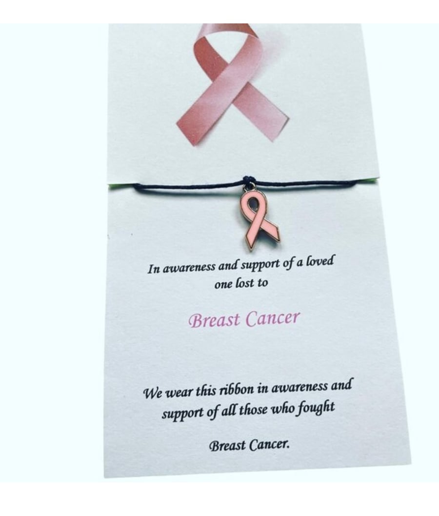 In awareness and support of breast cancer wish bracelet corded ribbon charm 