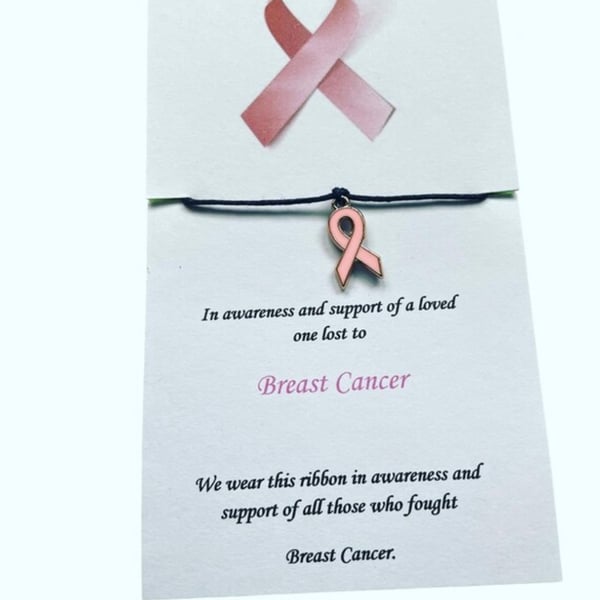 In awareness and support of breast cancer wish bracelet corded ribbon charm 