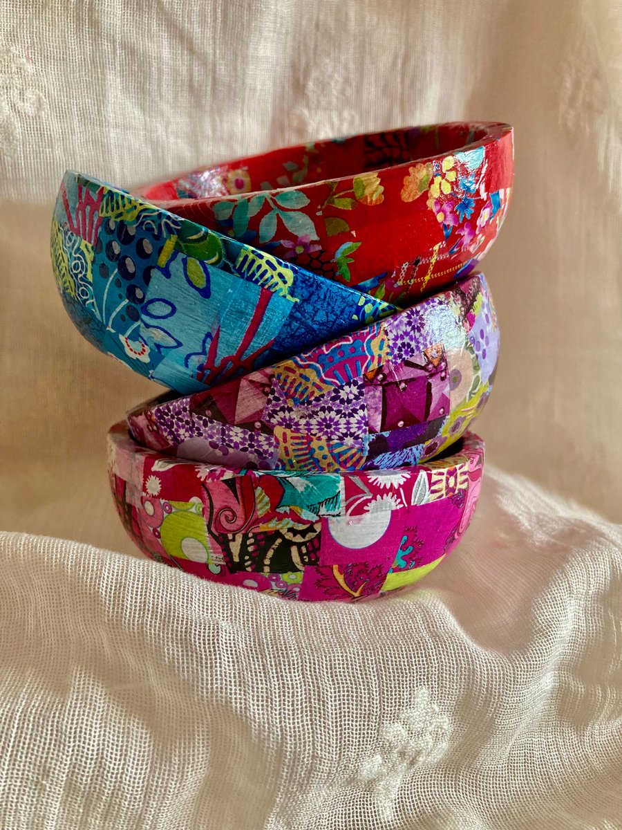 Up cycled wooden set of decopatch bowls 