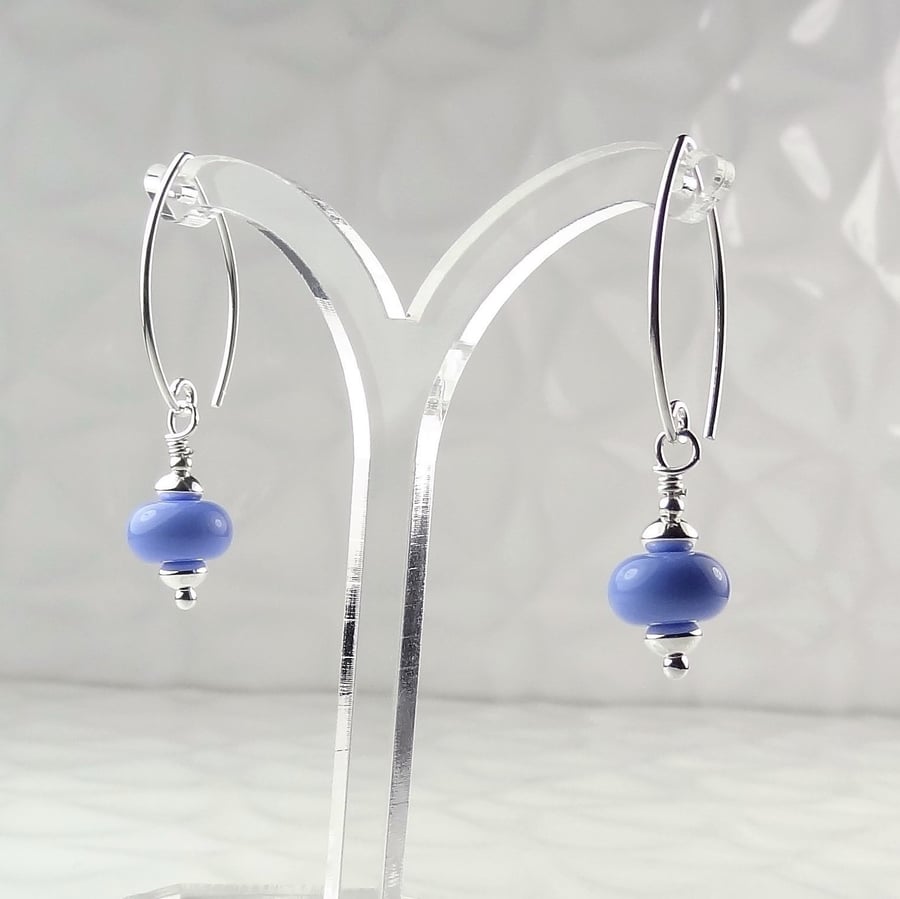 Periwinkle blue lampwork glass drop earrings, sterling silver, handcrafted