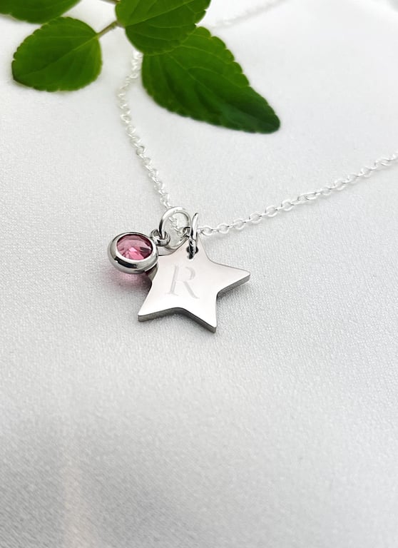 Personalised Initial Necklace Star Pendant Birthday Gift Good Luck Charm Birthst