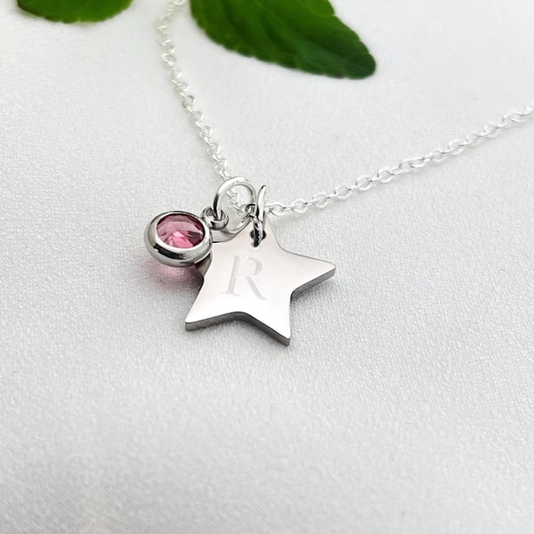 Personalised Initial Necklace Star Pendant Birthday Gift Good Luck Charm Birthst