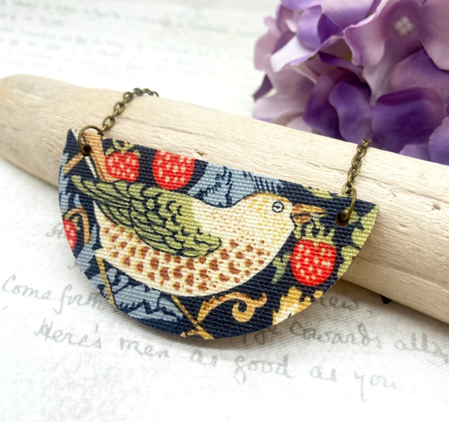 Strawberry Thief fabric and wood statement necklace Morris nature inspired
