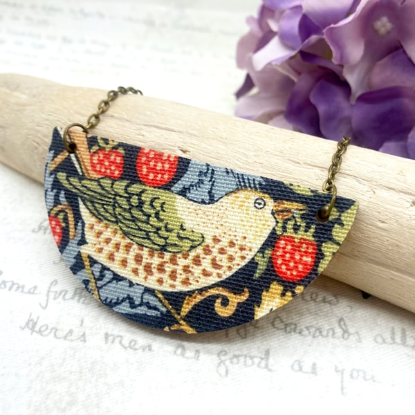 Strawberry Thief fabric and wood statement necklace Morris nature inspired