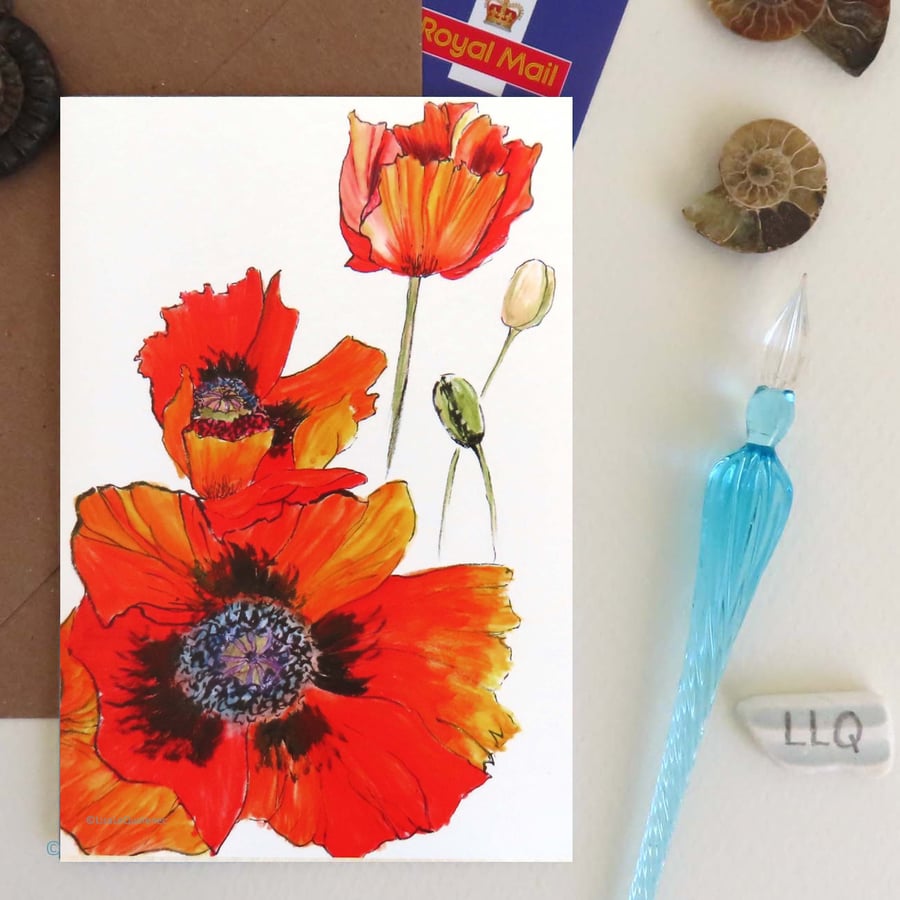 Poppies blank card reproduced from my original ink painting plastic free