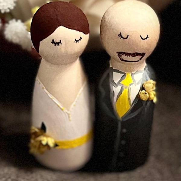 Hand painted wedding peg doll set yellow flowers cake topper 
