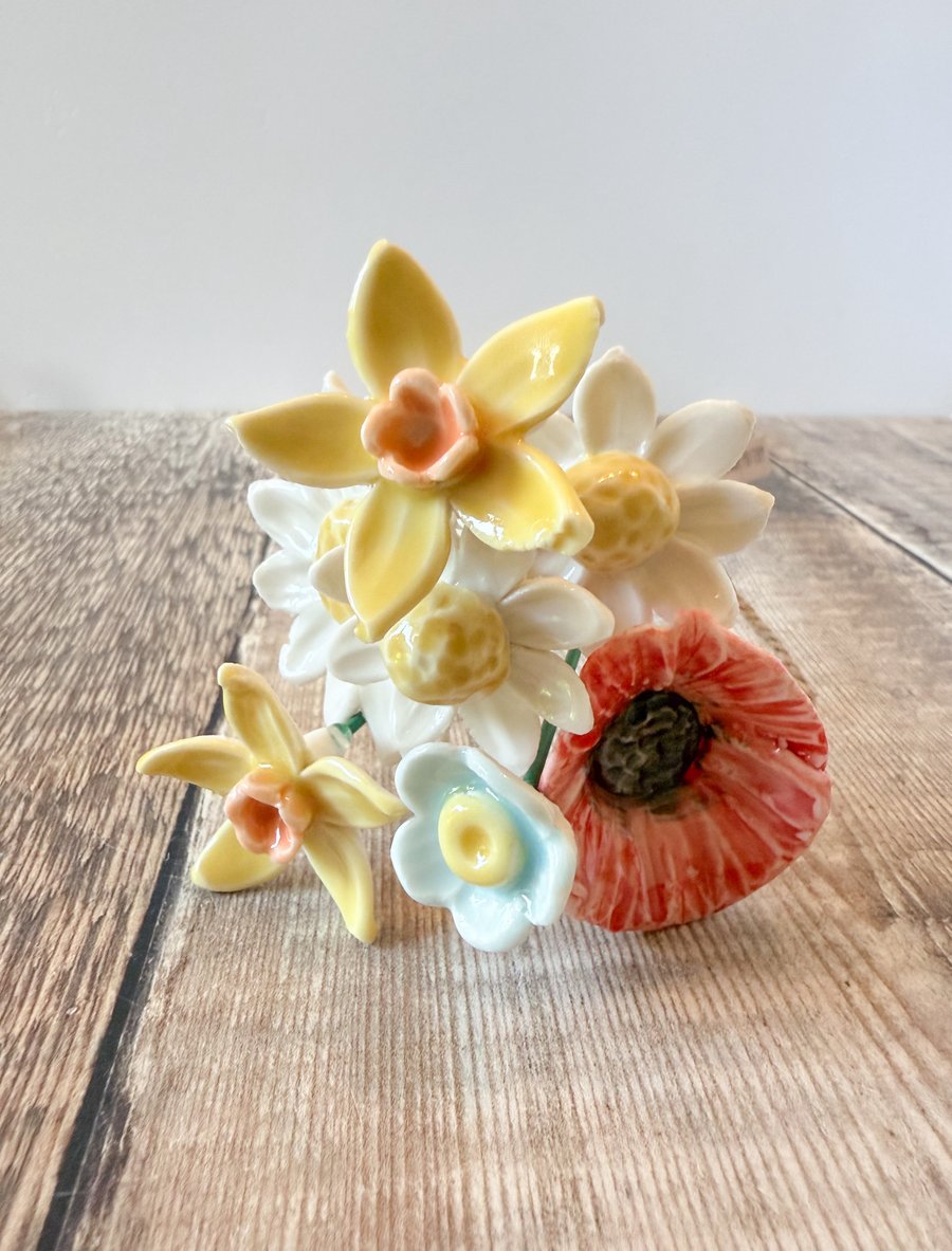 Handmade ceramic porcelain flower bunch, posey 