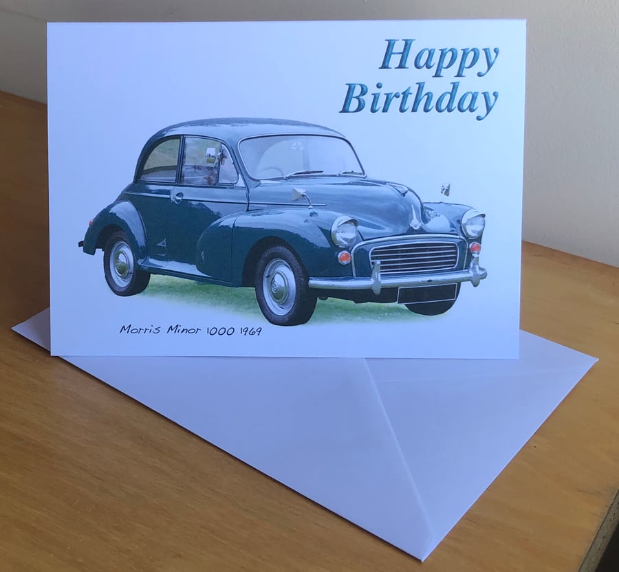 Morris Minor 1969 (Dark Blue) - Birthday, Anniversary, Retirement or Plain Card