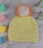 Lemon Yellow Crochet Baby Hat with Rainbow Faux Fur Pom - Newborn to 3 Months - Image 5