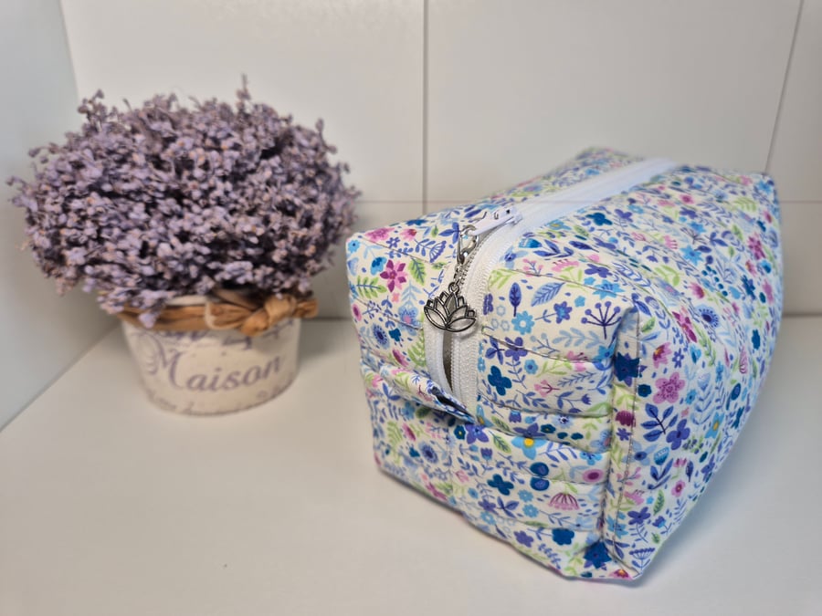 Padded floral toiletries bag with zip - 'cornflower' fabric design