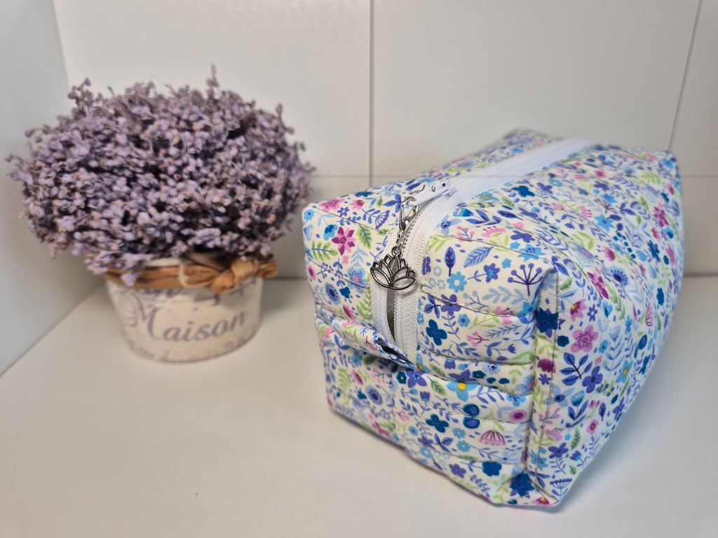 Padded floral toiletries bag with zip - 'cornflower' fabric design