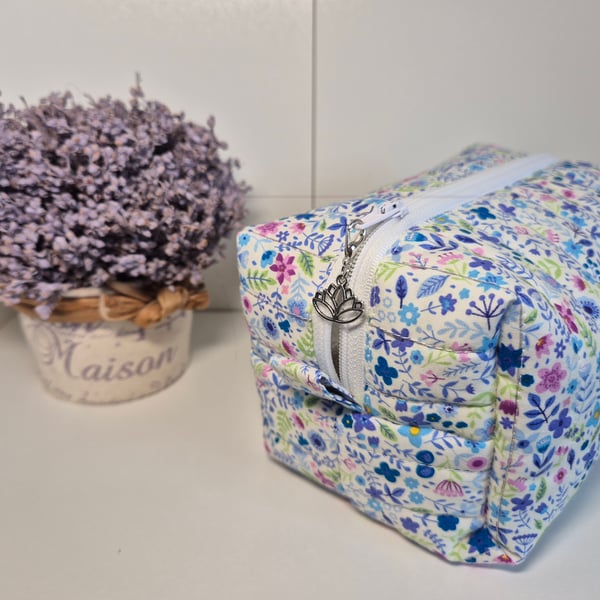 Padded floral toiletries bag with zip - 'cornflower' fabric design