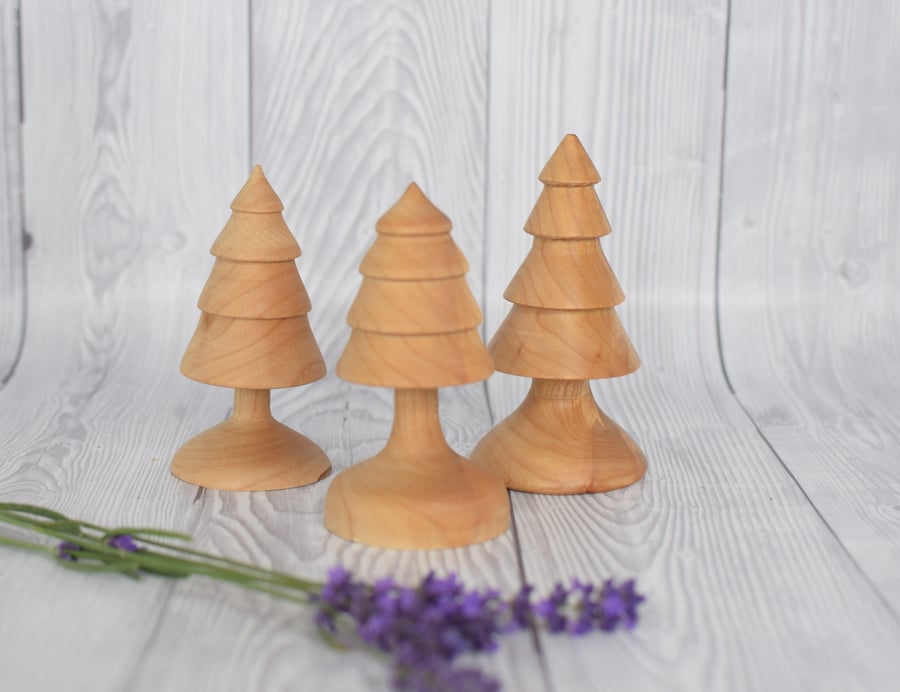 Set of Three Cherry Wood Festive Trees - Wood Turned 