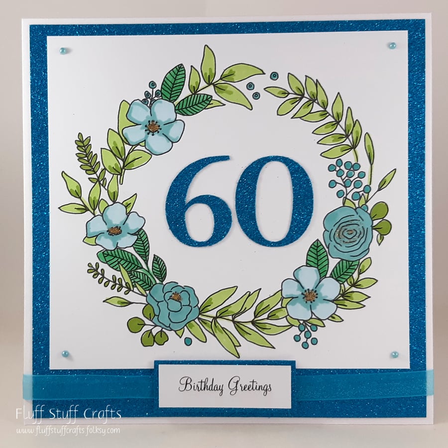 Handmade 60th Birthday card - floral wreath