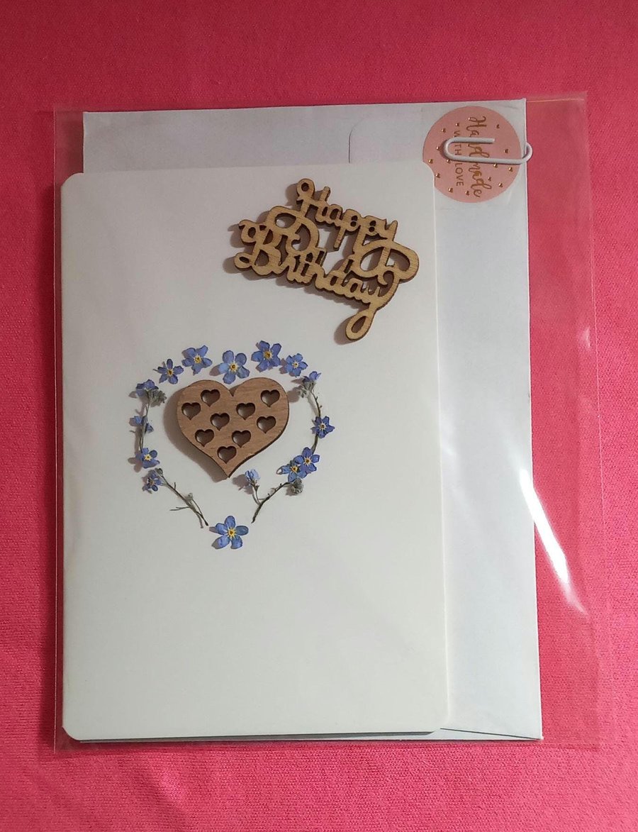 Birthday card,Flower gift, Dried Forget me not card,Heart, Wood Happy Birthday