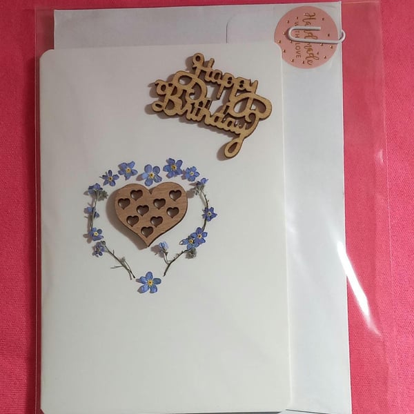 Birthday card,Flower gift, Dried Forget me not card,Heart, Wood Happy Birthday