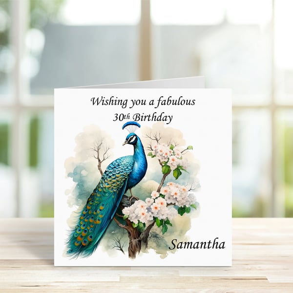 Personalised Beautiful Elegant Peacock Birthday Card. Design 11