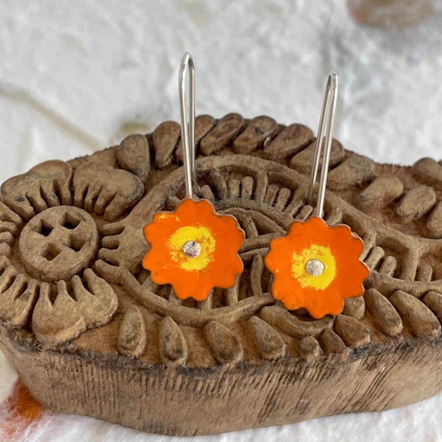 Fun Flower Enamel Drop earrings Orange and Yellow