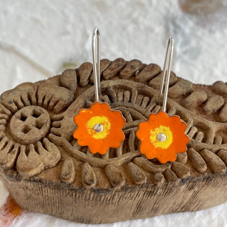 Fun Flower Enamel Drop earrings Orange and Yellow