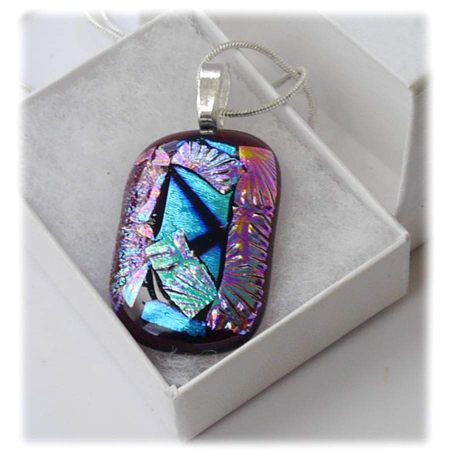 Plum Dichroic Glass Pendant 152 Turquoise Patchwork silver plated chain