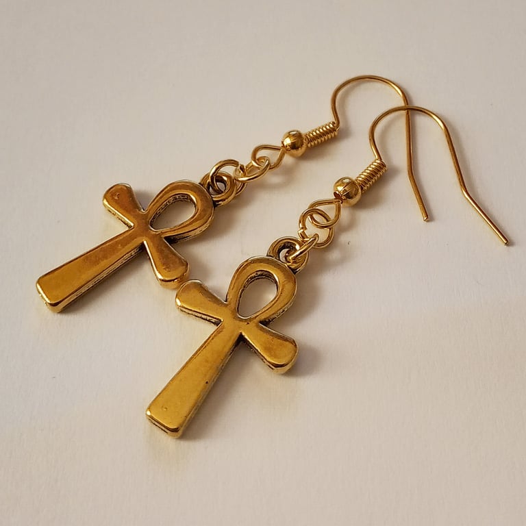 Cross Ankh Crux Key of Life Gold Plate Earrings