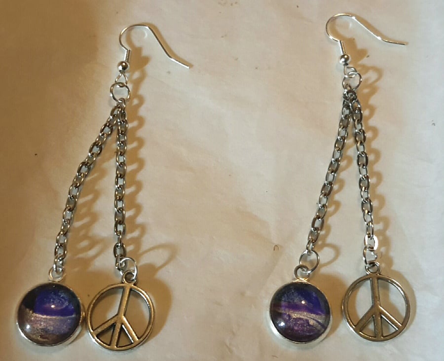 Handmade fluid art drop earrings with chain. Purple and silver.