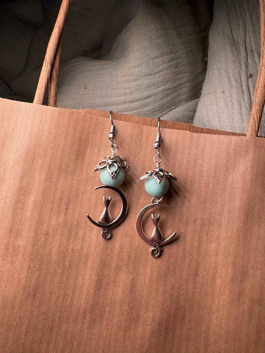 Blue Flower Moon & Cat Earrings 