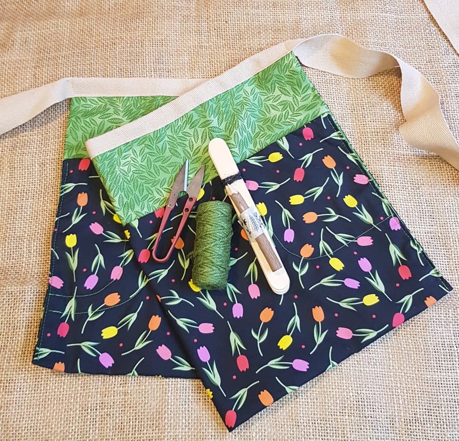 Garden apron gift set: with twine, wooden labels, twig pencil &  snips: tulips