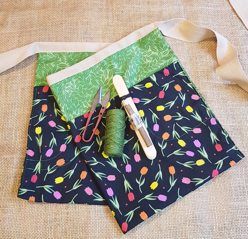 Garden apron gift set: with twine, wooden labels, twig pencil &  snips: tulips