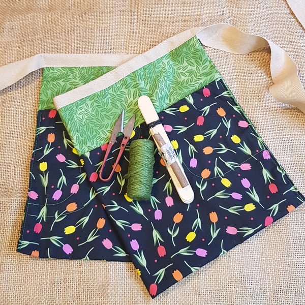 Garden apron gift set: with twine, wooden labels, twig pencil &  snips: tulips