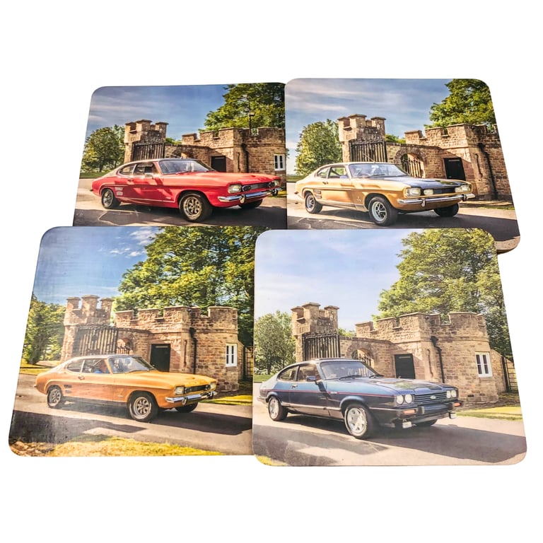 Set of 4 Square Corked Back Coasters featuring Vintage Ford Capri Cars