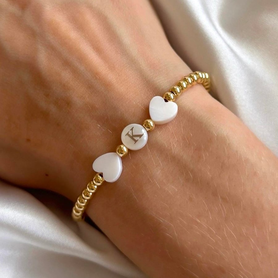 14kt gold filled freshwater shell pearl letter bead bracelet with pearl hearts