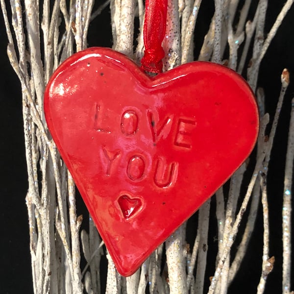 LOVE YOU glossy red heart hanging decoration - large