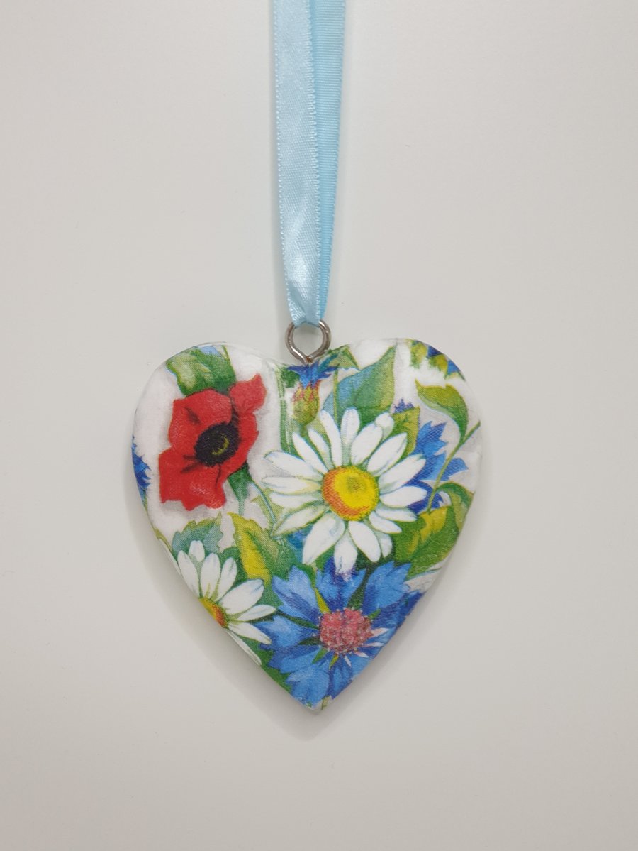 Wooden heart hanging decoration,  summer flowers, gift for mum