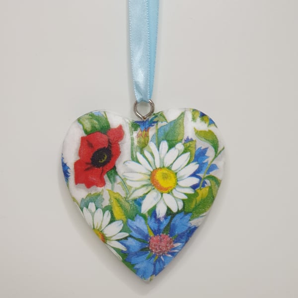 Summer flowers decoupage wooden heart hanging decoration,  gift for her  