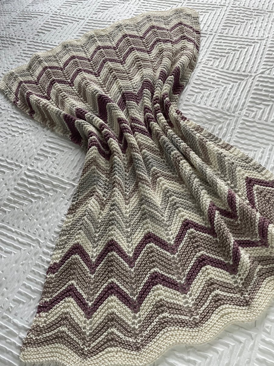 Vintage look, cream, grey and lilac baby blanket, knitted in 100% cotton yarn.