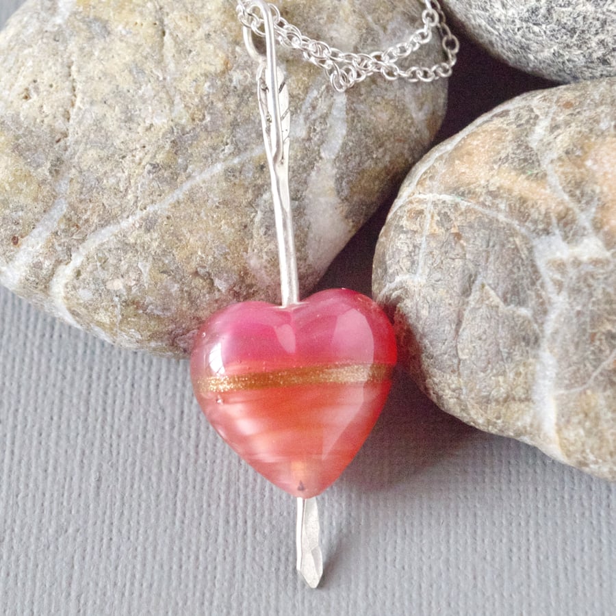 Cupid's Arrow Stripey Rose Murano Heart Sterling Silver Arrow Pendant Necklace