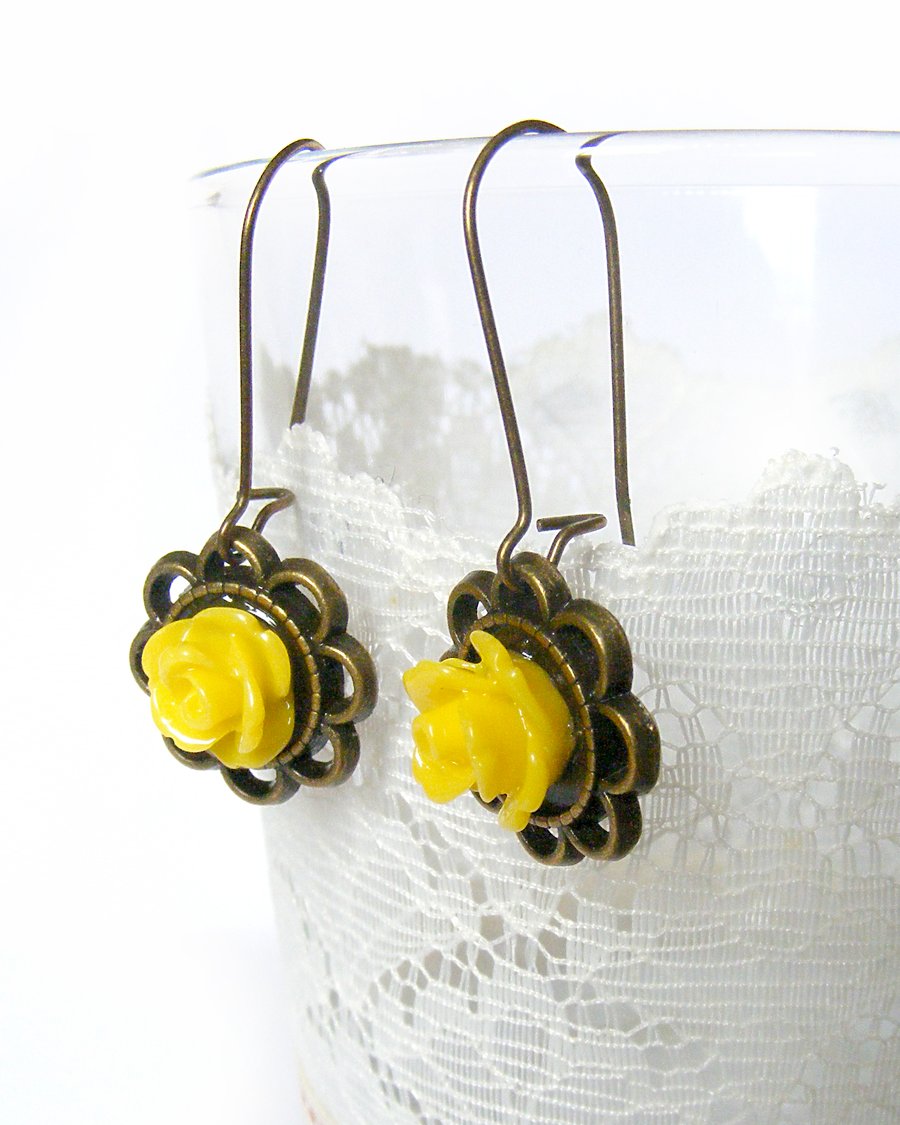 Vintage Inspired Earrings with Yellow Rose Cabochons