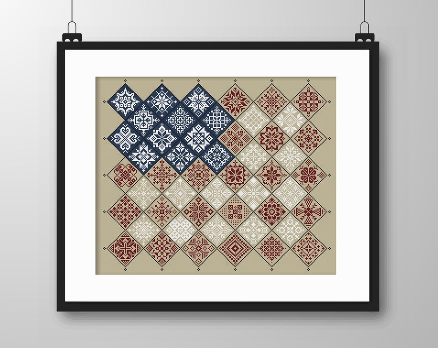 042H - Cross Stitch Quaker Sampler USA Flag 4th July Independence day tiles