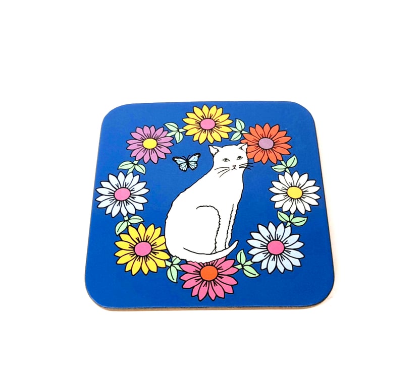 Cute White Cat in Daisy Chain Coaster