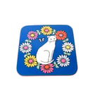 Cute White Cat in Daisy Chain Coaster