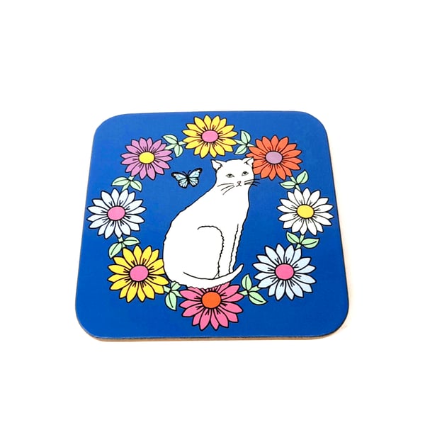 Cute White Cat in Daisy Chain Coaster