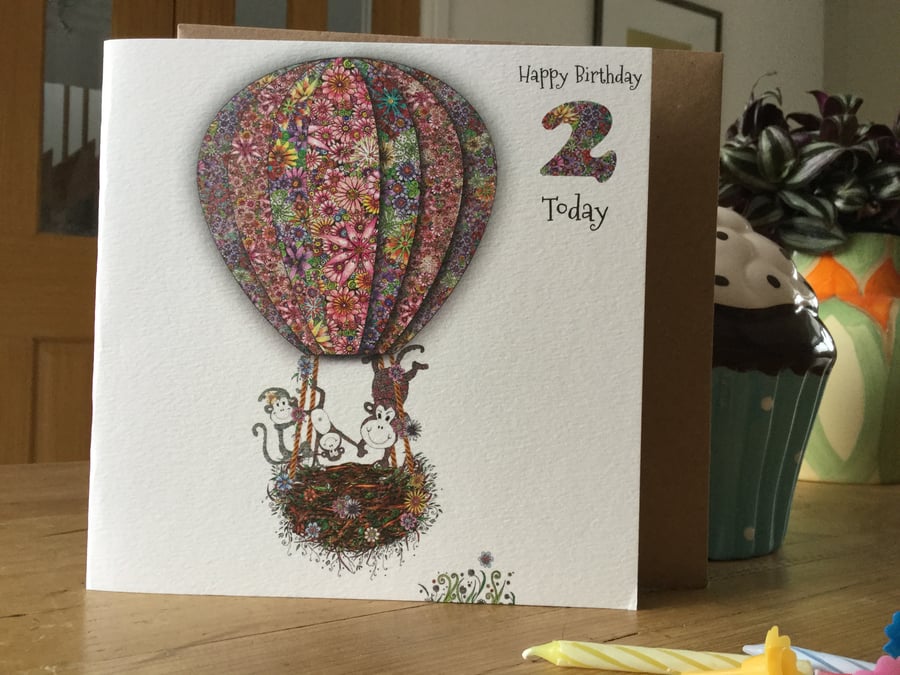 ‘Up in my Balloon’ Age 2 Birthday Card (Acrobat Monkeys)